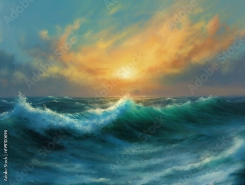 Paintings sea landscape, clouds over water, storm over the sea. Fine art, artwork
