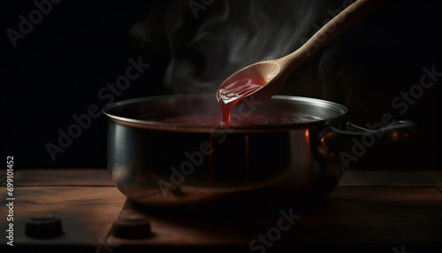 Wooden spoon stirs soup in rustic kitchen on old stove generated by AI