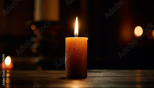 Glowing flame illuminates dark night, symbolizing spirituality and tranquility generated by AI