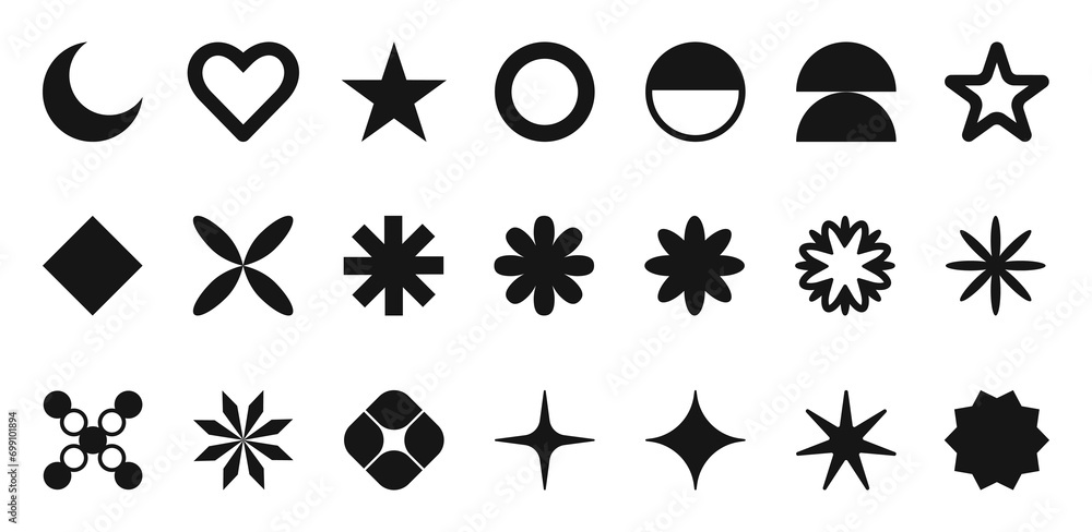 Geometric shapes and black brutalism figures. Modern trendy minimalist basic forms, moon, heart, blinks, circles and abstract figures, geometric design, vector set. - obrazy, fototapety, plakaty 