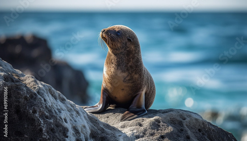 Cute seal resting on rock, enjoying tranquil coastal beauty generated by AI © Stockgiu