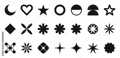 Geometric shapes and black brutalism figures. Modern trendy minimalist basic forms, moon, heart, blinks, circles and abstract figures, geometric design, vector set.