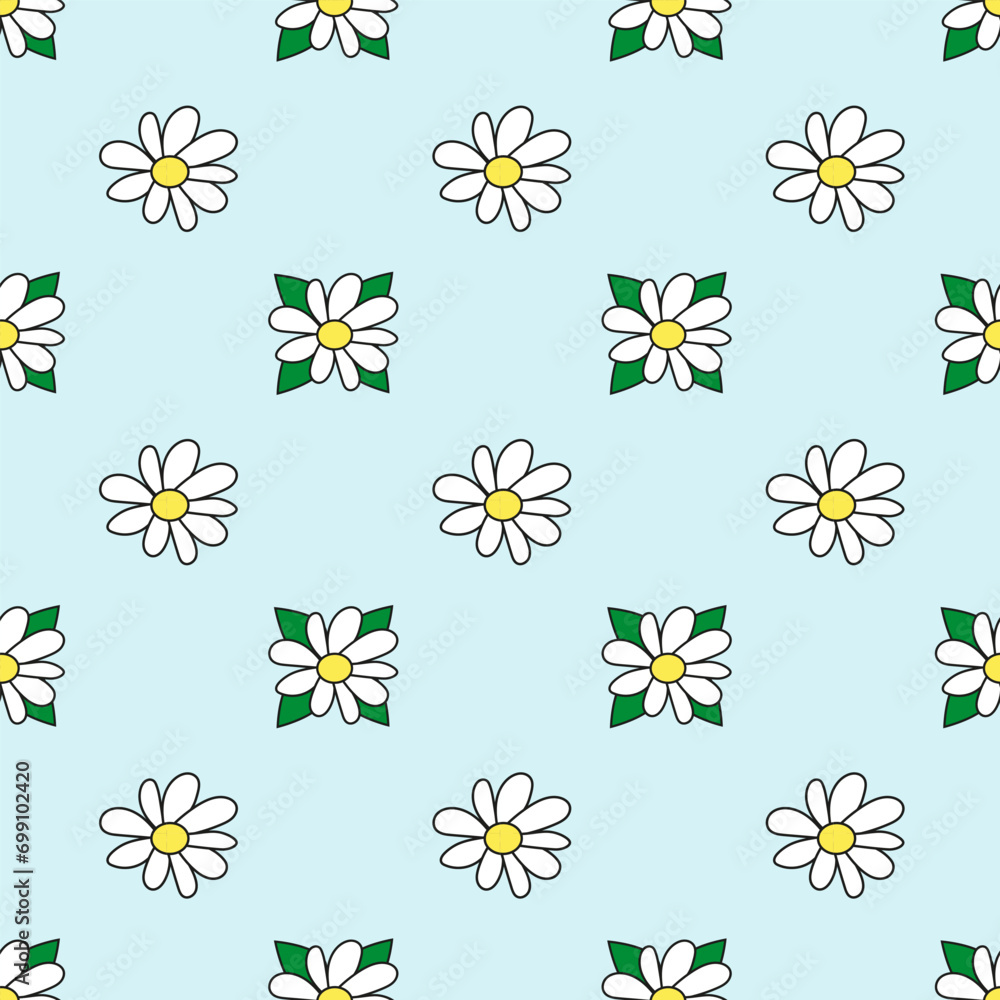 Seamless pattern with white flower and leaves. Daisy blossom. Chamomile. Spring and summer floral background. Design for wallpaper, wrapping paper, background, fabric. Vector flat illustration.