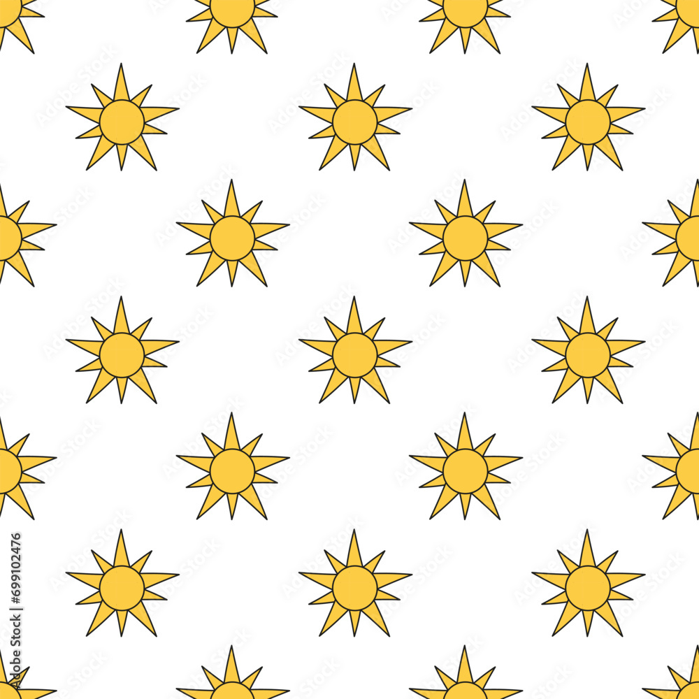 Seamless pattern with yellow suns. Simple Sunny background. Vector flat illustration.