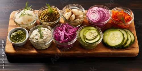 A visually striking topdown shot of a medley of gourmet pickles arranged artfully on a wooden board, including whole pickled cauliflower florets, crunchy cucumber rounds, and fiery red onion