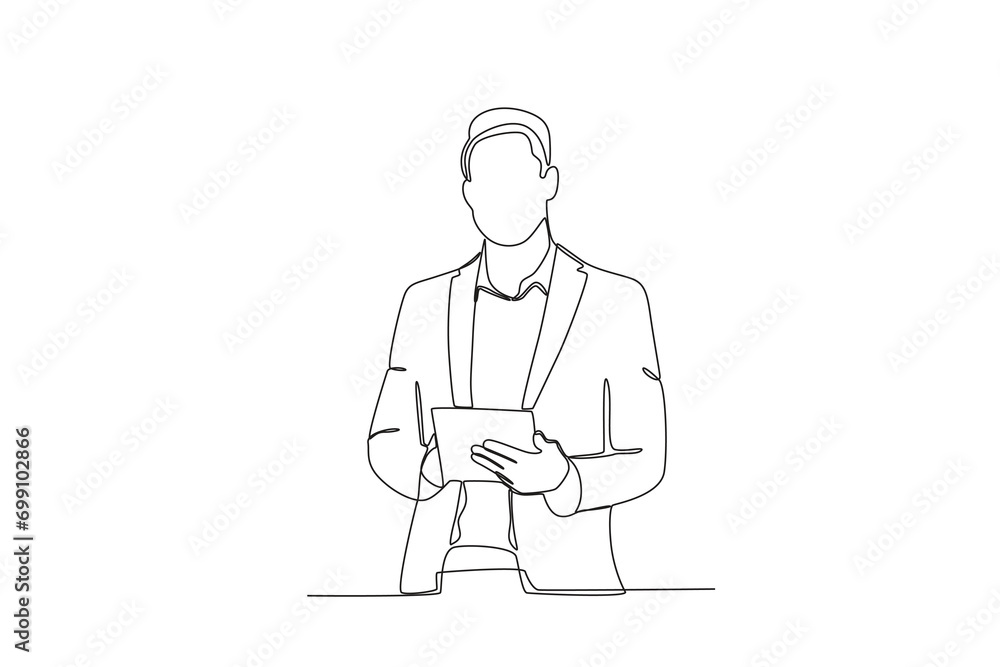 Single continuous line drawing of Male employee at work, productivity boosting concept. Concept of productivity boosting. Dynamic one line draw graphic design vector illustration 
