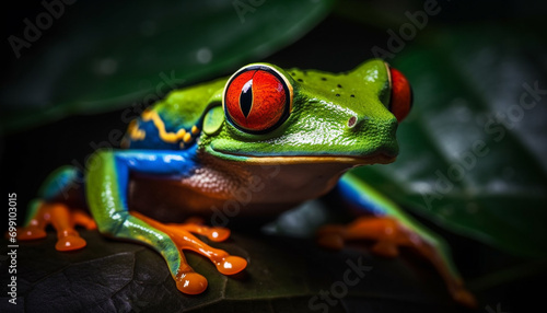 Red eyed tree frog sitting on a branch in tropical rainforest generated by AI