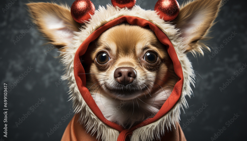Cute puppy in winter costume looking at camera, outdoors generated by AI