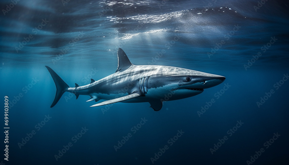 Naklejka premium Majestic underwater creature swimming in blue sea, teeth showing aggression generated by AI