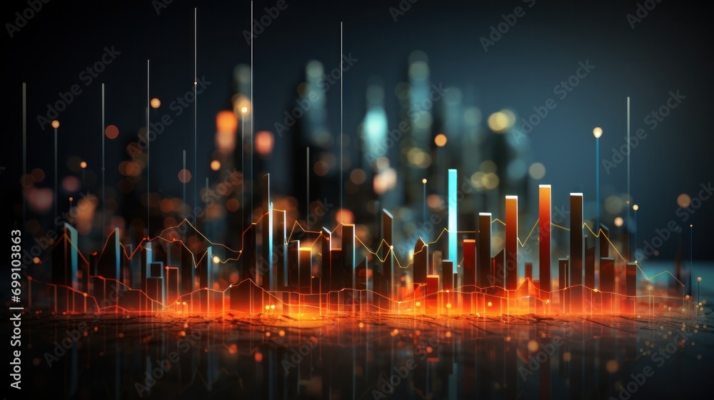 finance, graph, investment, chart, background, economy, financial, growth, money, stock. foreground has financial trends solid and bar chart, orange and blue line graphs in city visualizing pulsing.