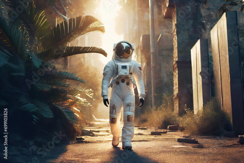 An astronaut from the future walks through a city in ruins after a catastrophe photo