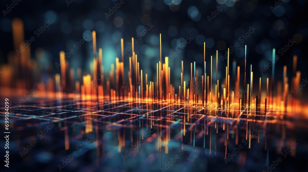finance, graph, investment, chart, background, economy, financial, growth, money, stock. foreground has financial trends solid and bar chart, orange and blue line graphs in city visualizing pulsing. - obrazy, fototapety, plakaty 