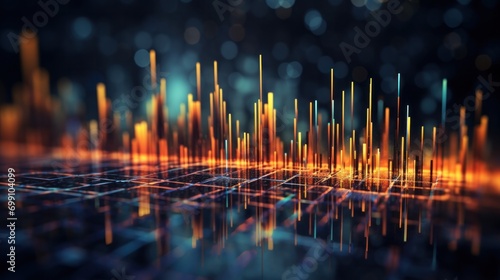 finance, graph, investment, chart, background, economy, financial, growth, money, stock. foreground has financial trends solid and bar chart, orange and blue line graphs in city visualizing pulsing. photo