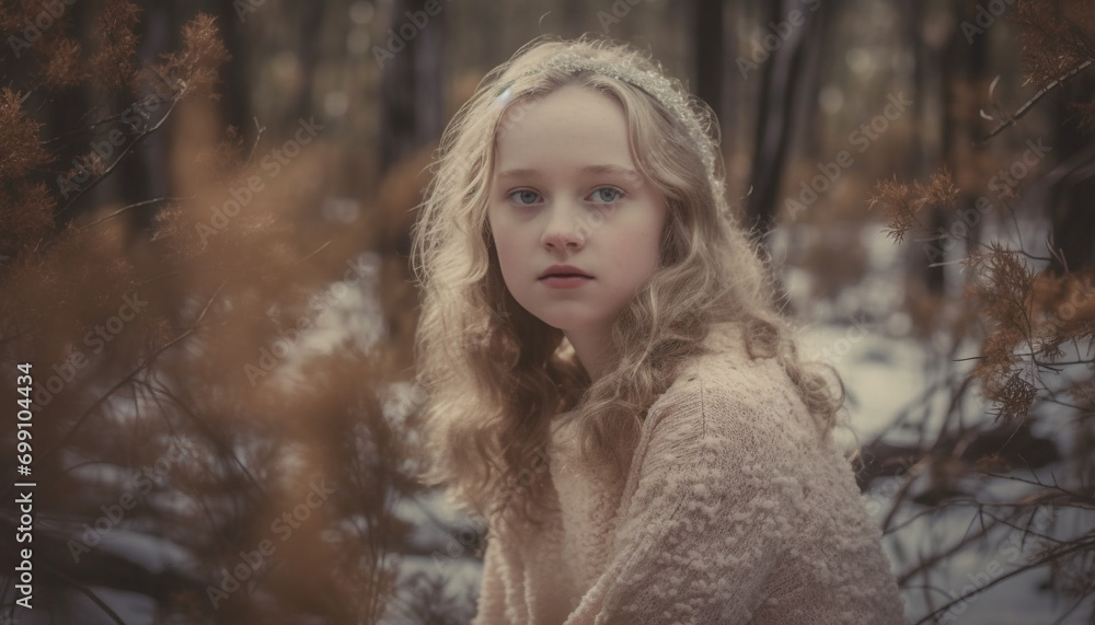 Cute young adult woman looking at camera in forest outdoors generated by AI Cute young adult woman looking at camera in forest outdoors generated by AI