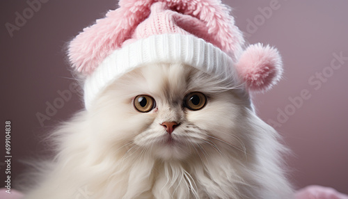 Cute kitten in winter cap, looking at camera, fluffy fur generated by AI