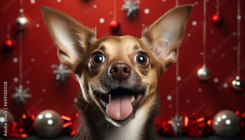 Cute puppy celebrates winter with small gift under Christmas tree generated by AI Cute puppy celebrates winter with small gift under Christmas tree generated by AI