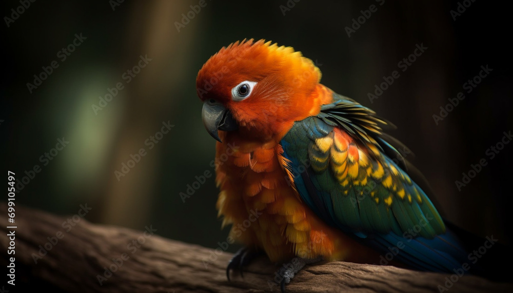 Vibrant multi colored macaw perched on branch in tropical rainforest generated by AI