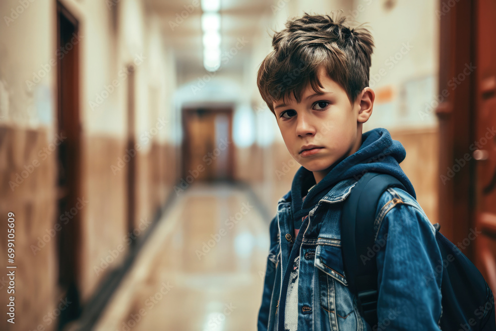 Fototapeta premium Resilient Boy Overcoming Challenges In School Corridor, Seeking Support