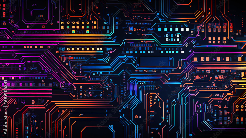 Neon lights circuit board, technology background 