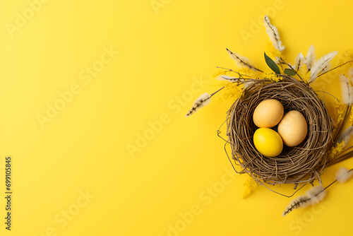 Easter holiday card with painted eggs in bird nest basket and spring flowers on yellow backround