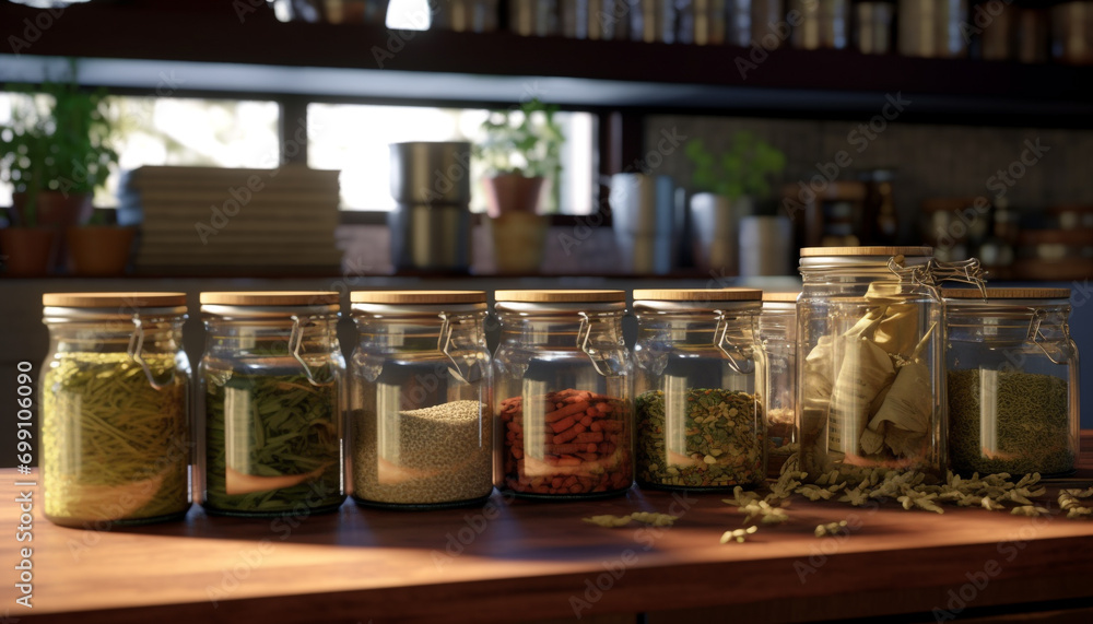 Fresh organic herbs in glass jars on wooden shelf indoors generated by AI Fresh organic herbs in glass jars on wooden shelf indoors generated by AI