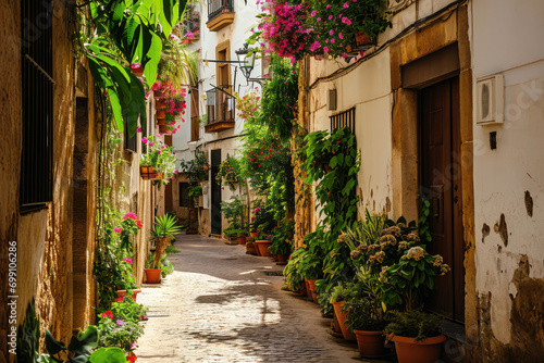 Capture The Charm Of A Quaint  Spanish Old Town With On A Picturesque Narrow Street