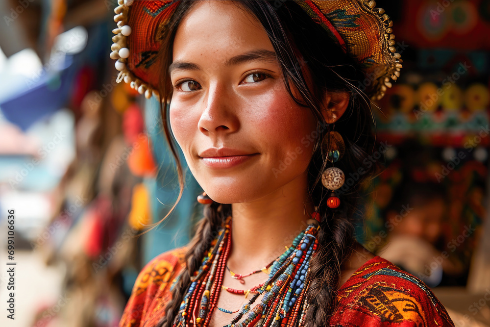 Portrait of a young woman in vibrant traditional costume and handmade jewelry, showcasing cultural heritage and beauty.