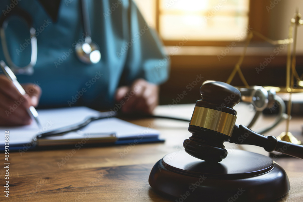 The Closeup Features Judges Gavel, Stethoscope, And Doctor In The Background Writing Notes, Emphasizing The Legal Aspects Of Healthcare And Health Insurance Benefits The Closeup Features Judges Gavel, Stethoscope, And Doctor In The Background Writing Notes, Emphasizing The Legal Aspects Of Healthcare And Health Insurance Benefits