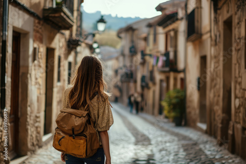 Traveling Girl Exploring The Streets Of An Old Town In Spain