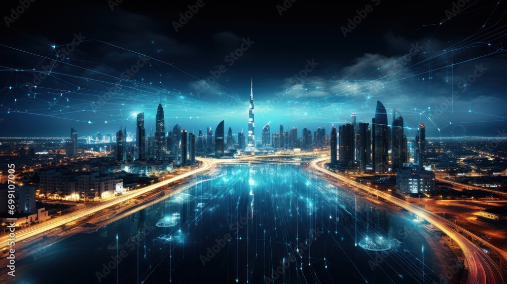 connection, digital, network, technology, communication, energy, line, wireless, connect, innovation. global media link connecting on night city background, internet, 5G communication. generate via AI