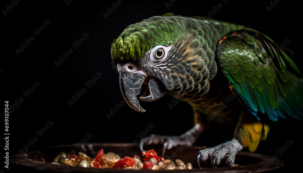 Obraz premium Vibrant gold and blue macaw perching on branch, looking at camera generated by AI