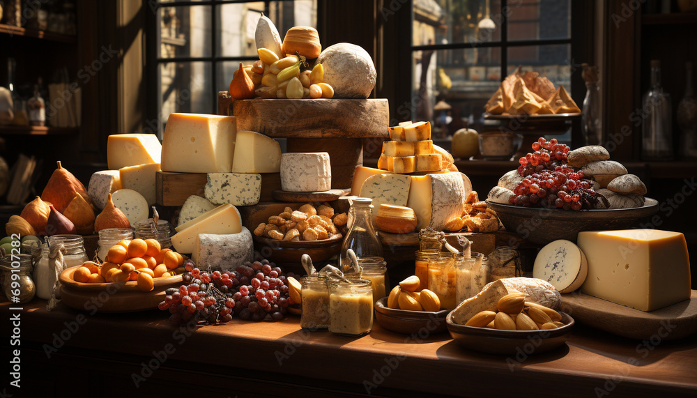 Variety of gourmet cheeses on wooden table, perfect for wine generated by AI