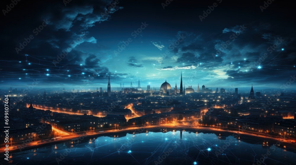 connection, digital, network, technology, communication, energy, line, wireless, connect, innovation. global media link connecting on night city background, internet, 5G communication. generate via AI