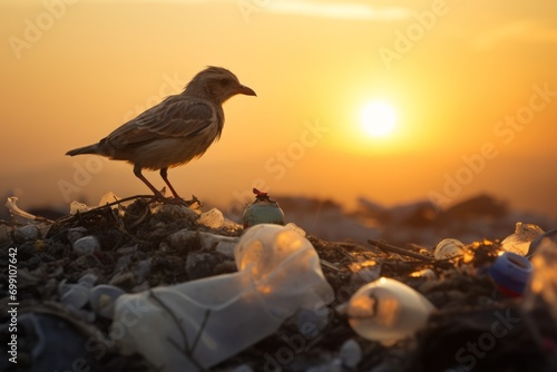 A bird around of plastic debris