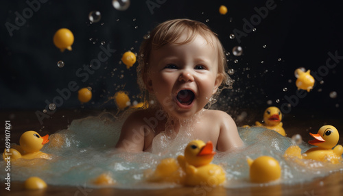 Cheerful toddler playing in yellow bathtub with rubber duck toy generated by AI