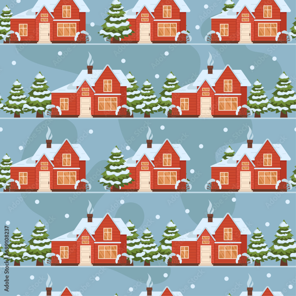 Seamless winter pattern. Beautiful house surrounded by  trees. Vector graphic.