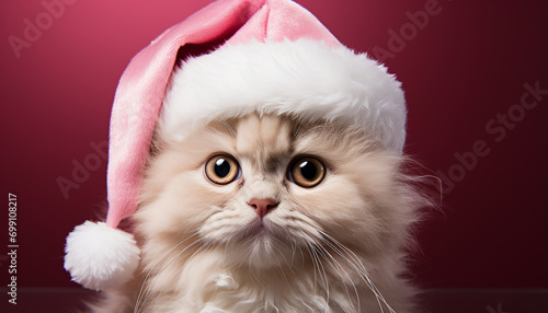 Cute kitten wearing winter cap celebrates with red background generated by AI