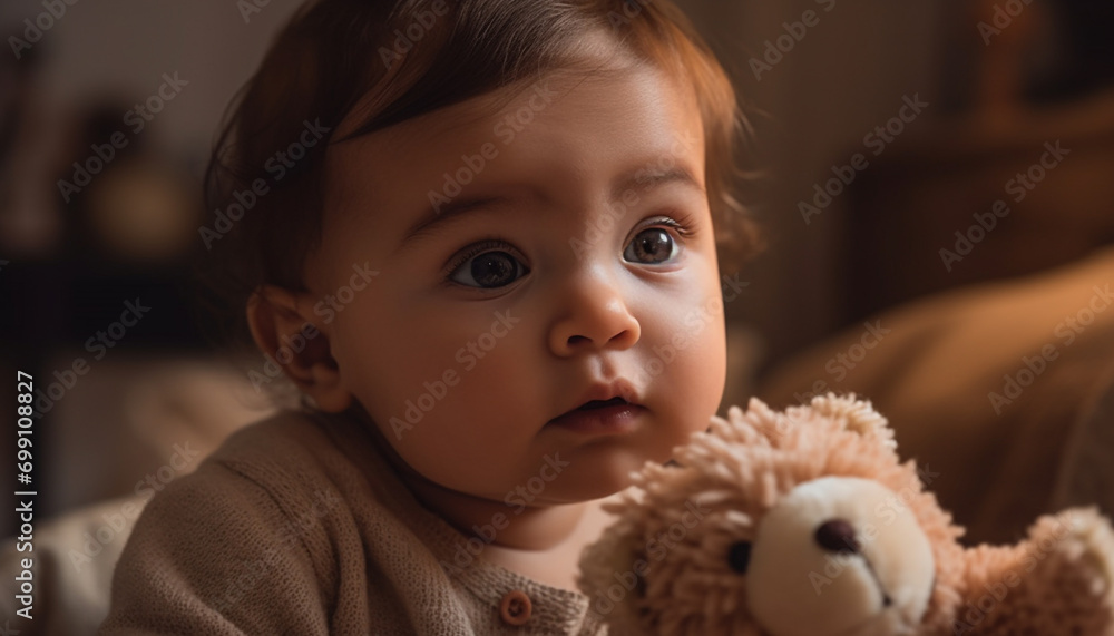 Cute Caucasian boy holding teddy bear in cozy bedroom portrait generated by AI Cute Caucasian boy holding teddy bear in cozy bedroom portrait generated by AI