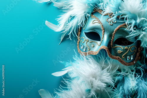 
Blue carnival mask with white feathers on a blue background.