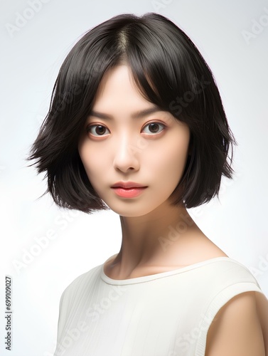 Portrait of beautiful Japanese woman with short bob haircut, isolated white background, AI Generative