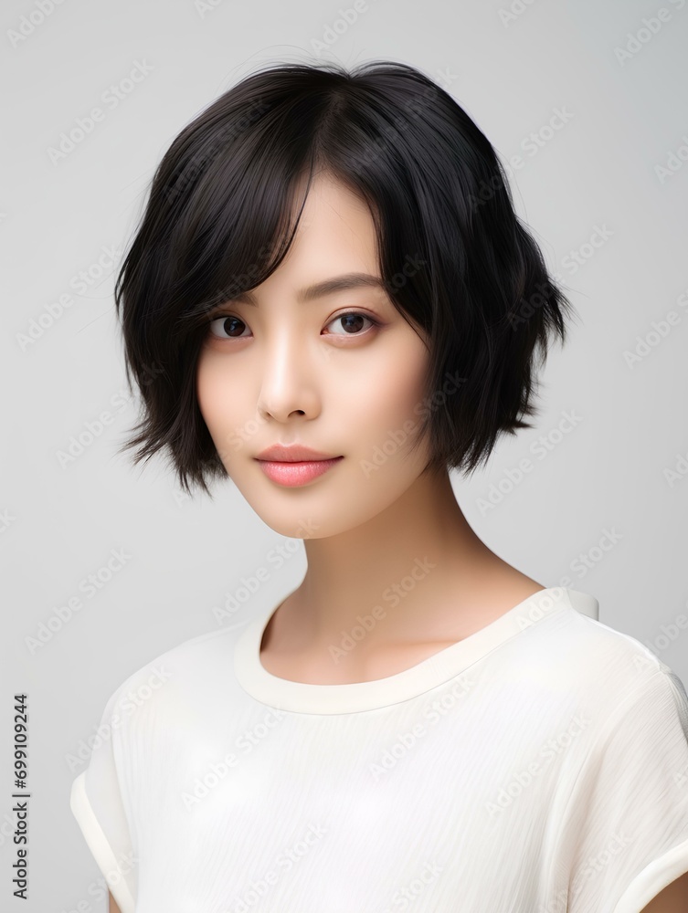 Portrait of beautiful Japanese woman with short bob haircut, isolated white background, AI Generative Portrait of beautiful Japanese woman with short bob haircut, isolated white background, AI Generative