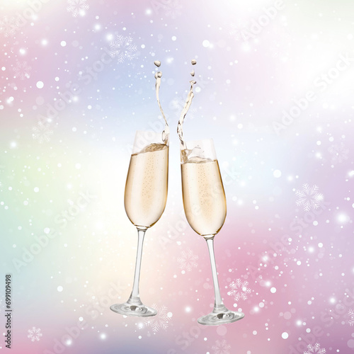 Two champagne glasses with party background
