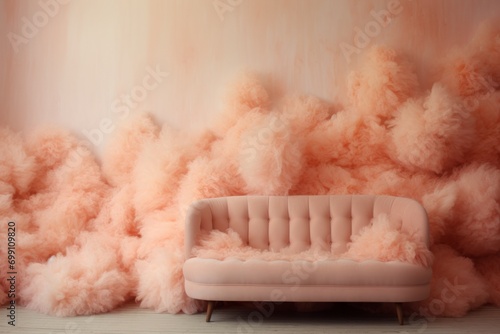 Peach fuzz color sofa armchair and wall, wallpaper background photo