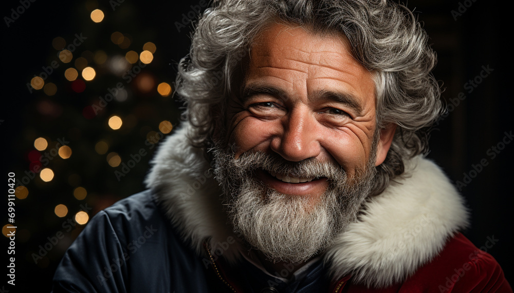Smiling senior man with gray hair, celebrating winter joyfully generated by AI