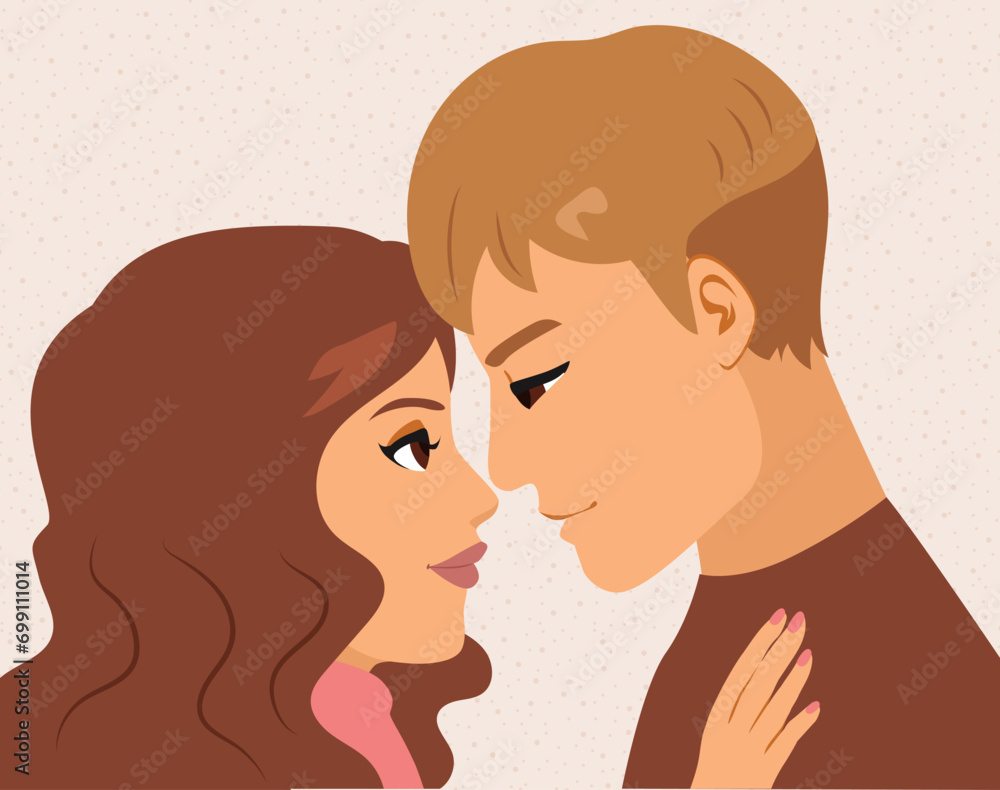 Young adult cute couple side view looking at each other illustration. Boyfriend and girlfriend in love vector flat cartoon style