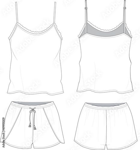 Short sleepwear set with fringe technical drawing vector