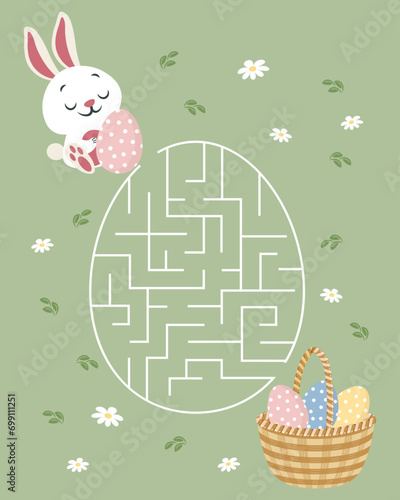 Maze game, rabbit in a basket of Easter eggs and carrots. Children's educational puzzle. Illustration, vector