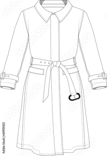 Basic trench coat with belt technical drawing vector