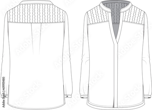 Lace robe detailed mandarin collar shirt blouse technical drawing vector