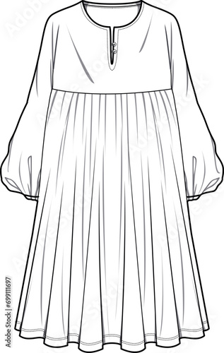 Midi balloon sleeve dress technical drawing cad vector